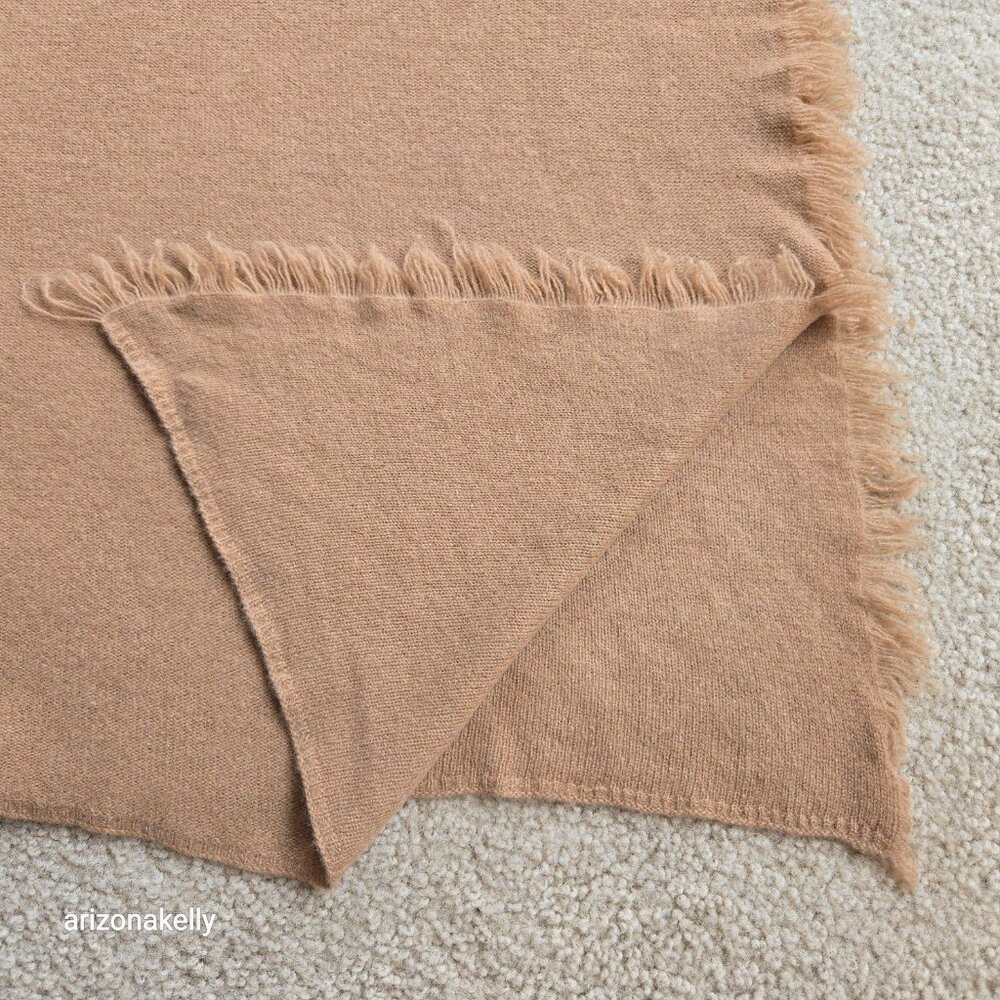 NWOT Tan Cashmere Knit Oblong Scarf with Fringe and Asymmetrical Ends - Picture 7 of 15